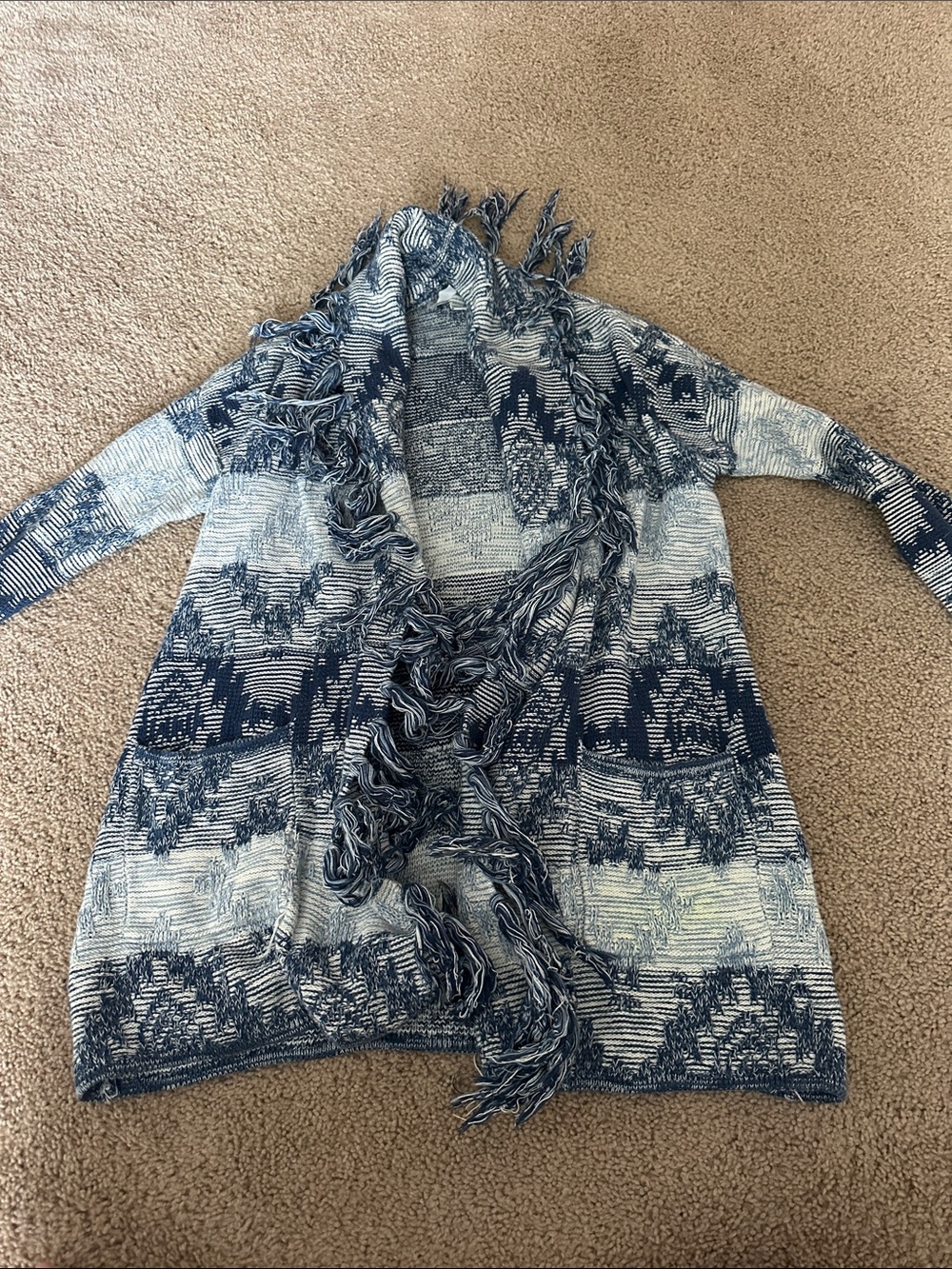 American Eagle Outfitters Navy and White Fringe Knit Cardigan